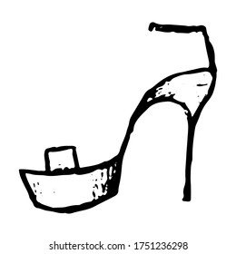 Women's high-heeled sandal. Hand drawn vector illustration. Graphic doodle, sketching. Black contour drawing isolated on white. Primitive style, single picture for design, print, card, poster, sticker