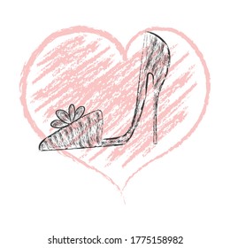 Women's high-heeled Shoe on the background of a heart for the design of websites, applications, logos, labels and stickers, isolated on a white background