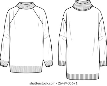 Women's High-Neck and Roll-Neck Tunics. Technical fashion illustration. Front, white colour. Women's CAD mock-up.