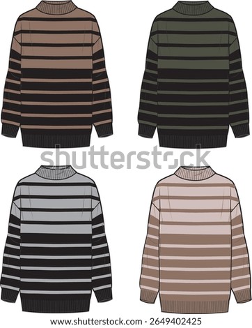 Women's High-Neck Striped Tunic. Technical fashion illustration. Front, brown, khaki, grey and nude colour. Women's CAD mock-up.