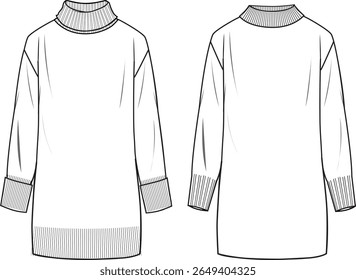 Women's High-Neck and Turtle-Neck Knit Dresses. Technical fashion illustration. Front, white colour. Women's CAD mock-up.