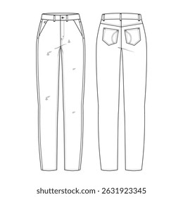 Mulheres High-Rise Slim Fit Straight Perna Jeans - Completa Técnica de Moda Ilustração com Vista de Frente e de Trás, Modelo de Esboço Plano CAD em Branco