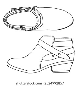 Women's Hiking Style Boot shoes Line art, Technical sketch hand drawing outline vector doodle illustration side and top view isolated on white background