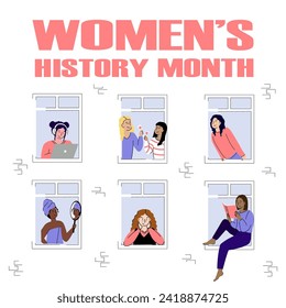 Women's History Month 2024 concept. An illustration of a diverse group of women. People in windows having their everyday routine.