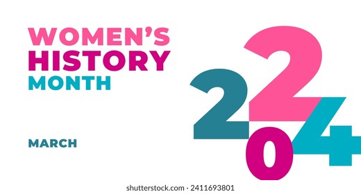 Women's History Month 2024. Text on the blue background with flowers. Banner, poster, illustration Women s History Month for social media.