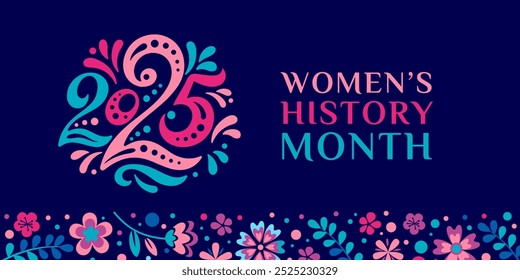 Women's History Month 2025. Text on the blue background with numbers and flowers. Banner, poster, illustration Women s History Month for social media.