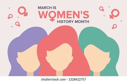 Women's History Month. The annual month that highlights the contributions of women to events in history. Celebrated during March in the United States, the United Kingdom, and Australia. Vector poster
