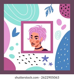 Womens history month. Attractive girls portrait. Happy young face. Abstract doodle shapes. Square frame. Trendy hairstyle. Floral forms. Color leaves. Female beautiful profile. Vector picture card