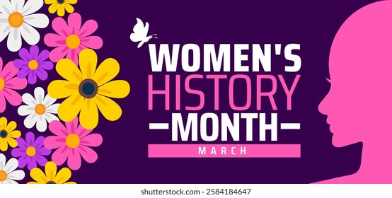 Women's History Month background banner or poster design template with women sign and flower. observed every year in March. Holiday concept. Use to any Template, card, poster, placard, template.