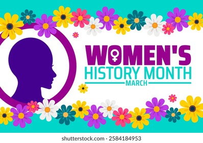 Women's History Month background banner or poster design template with women sign and flower. observed every year in March. Holiday concept. Use to any Template, card, poster, placard, template.