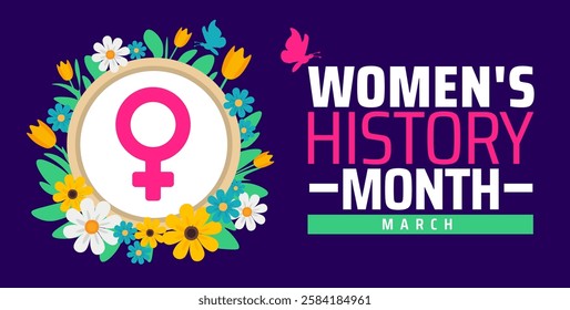 Women's History Month background banner or poster design template with women sign and flower. observed every year in March. Holiday concept. Use to any Template, card, poster, placard, template.