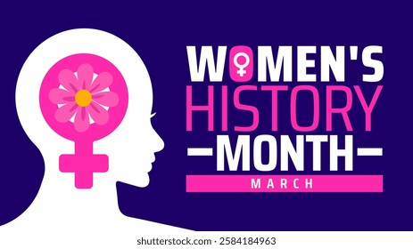 Women's History Month background banner or poster design template with women sign and flower. observed every year in March. Holiday concept. Use to any Template, card, poster, placard, template.