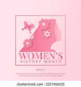 Women's history month background with a pink cutting paper woman and flowers