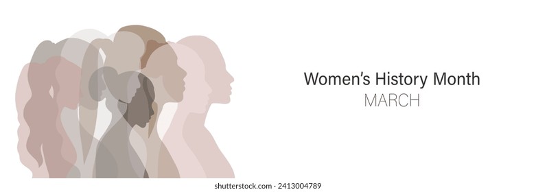 Women's History Month banner. Flat design with womens silhouettes. Vector illustration