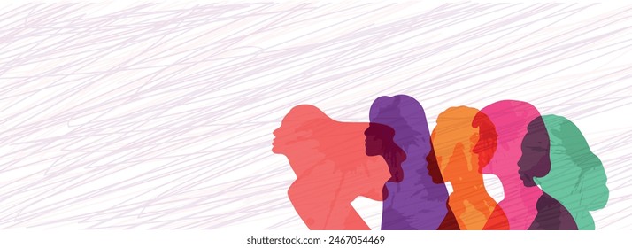 Women's History Month banner. Flat vector illustration. Uniting women from all over the world, different nationalities. Template without text. EPS10
