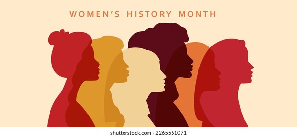 Banner del Mes de la Historia de la Mujer. Ilustración vectorial colorida de estilo de arte de papel. Siluetas de perfil femenino.