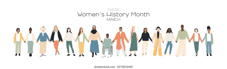 Women's History Month banner. Women of different ethnicities standing together and holding hands.