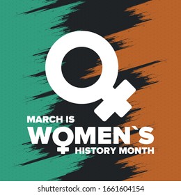 Women's History Month. Celebrated annual in March, to mark women’s contribution to history. Female symbol. Women's rights. Girl power in world. Poster, postcard, banner. Vector illustration
