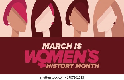 Women's History Month. Celebrated annual in March, to mark women’s contribution to history. Female symbol. Women's rights. Girl power in world. Poster, postcard, banner. Vector illustration