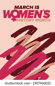 Women's History Month. Celebrated annual in March, to mark women’s contribution to history. Female symbol. Women's rights. Girl power in world. Poster, postcard, banner. Vector illustration
