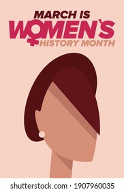 Women's History Month. Celebrated annual in March, to mark women’s contribution to history. Female symbol. Women's rights. Girl power in world. Poster, postcard, banner. Vector illustration