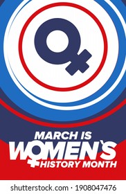Women's History Month. Celebrated annual in March, to mark women’s contribution to history. Female symbol. Women's rights. Girl power in world. Poster, postcard, banner. Vector illustration