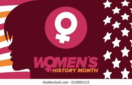 Women's History Month. Celebrated annual in March, to mark women’s contribution to history. Female symbol. Women's rights. Girl power in world. Poster, postcard, banner. Vector illustration