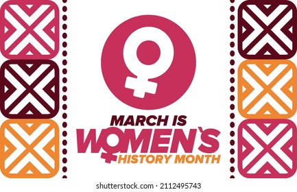 Women's History Month. Celebrated annual in March, to mark women’s contribution to history. Female symbol. Women's rights. Girl power in world. Poster, postcard, banner. Vector illustration