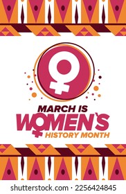 Women's History Month. Celebrated annual in March, to mark women’s contribution to history. Female symbol. Women's rights. Girl power in world. Poster, postcard, banner. Vector illustration