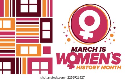 Women's History Month. Celebrated annual in March, to mark women’s contribution to history. Female symbol. Women's rights. Girl power in world. Poster, postcard, banner. Vector illustration