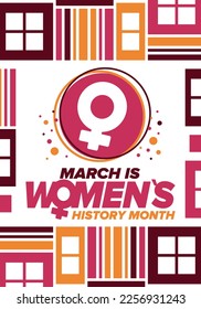 Women's History Month. Celebrated annual in March, to mark women’s contribution to history. Female symbol. Women's rights. Girl power in world. Poster, postcard, banner. Vector illustration