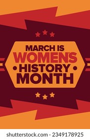 Women's History Month. Celebrated annual in March, to mark women’s contribution to history. Female symbol. Women's rights. Girl power in world. Poster, postcard, banner. Vector illustration
