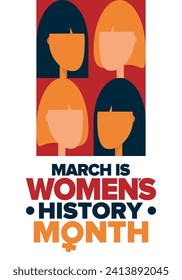 Women's History Month. Celebrated annual in March, to mark women’s contribution to history. Female symbol. Women's rights. Girl power in world. Poster, postcard, banner. Vector illustration