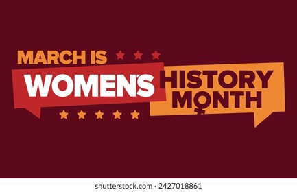 Mes de la Historia de la Mujer. Se celebra anualmente en marzo para conmemorar la contribución de la mujer a la historia. Símbolo femenino. Los derechos de la mujer. Poder femenino en el mundo. Cartel, postal, cartel. Ilustración de vector