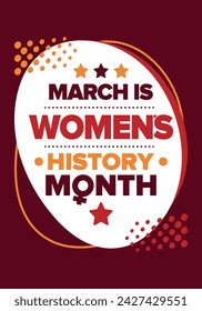 Women's History Month. Celebrated annual in March, to mark women’s contribution to history. Female symbol. Women's rights. Girl power in world. Poster, postcard, banner. Vector illustration