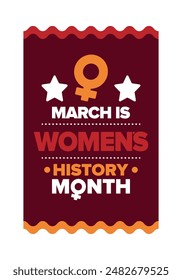 Mes de la Historia de la Mujer. Se celebra anualmente en marzo para conmemorar la contribución de la mujer a la historia. Símbolo femenino. Los derechos de la mujer. Poder femenino en el mundo. Cartel, postal, Anuncio. Ilustración vectorial