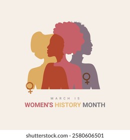 Women's History Month. Celebrated annual in March, Women's rights. Girl power in world. Poster, postcard, banner illustration