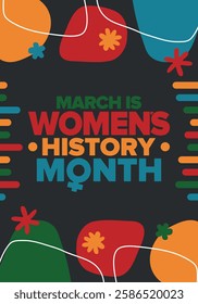 Women's History Month. Celebrated annual in March, to mark women’s contribution to history. Female symbol. Women's rights. Girl power in world. Poster, postcard, banner. Vector illustration