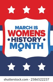 Women's History Month. Celebrated annual in March, to mark women’s contribution to history. Female symbol. Women's rights. Girl power in world. Poster, postcard, banner. Vector illustration