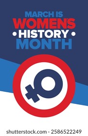 Women's History Month. Celebrated annual in March, to mark women’s contribution to history. Female symbol. Women's rights. Girl power in world. Poster, postcard, banner. Vector illustration