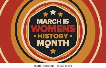 Women's History Month. Celebrated annual in March, to mark women’s contribution to history. Female symbol. Women's rights. Girl power in world. Poster, postcard, banner. Vector illustration