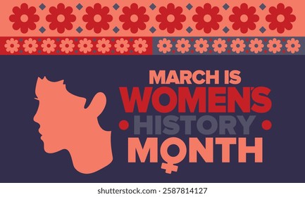 Women's History Month. Celebrated annual in March, to mark women’s contribution to history. Female symbol. Women's rights. Girl power in world. Poster, postcard, banner. Vector illustration