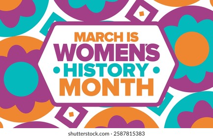 Women's History Month. Celebrated annual in March, to mark women’s contribution to history. Female symbol. Women's rights. Girl power in world. Poster, postcard, banner. Vector illustration