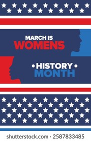 Women's History Month. Celebrated annual in March, to mark women’s contribution to history. Female symbol. Women's rights. Girl power in world. Poster, postcard, banner. Vector illustration