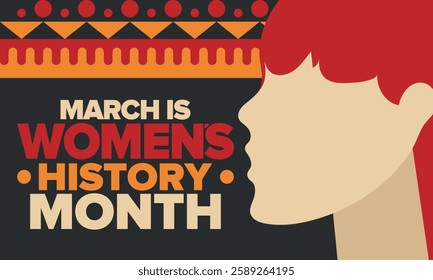 Women's History Month. Celebrated annual in March, to mark women’s contribution to history. Female symbol. Women's rights. Girl power in world. Poster, postcard, banner. Vector illustration
