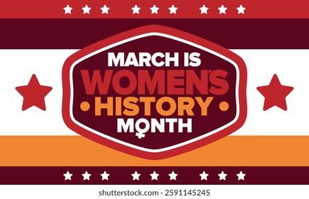 Women's History Month. Celebrated annual in March, to mark women’s contribution to history. Female symbol. Women's rights. Girl power in world. Poster, postcard, banner. Vector illustration