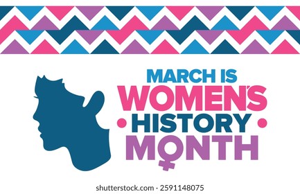 Women's History Month. Celebrated annual in March, to mark women’s contribution to history. Female symbol. Women's rights. Girl power in world. Poster, postcard, banner. Vector illustration
