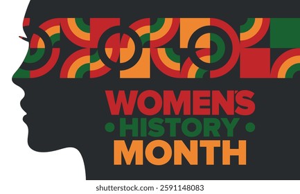 Women's History Month. Celebrated annual in March, to mark women’s contribution to history. Female symbol. Women's rights. Girl power in world. Poster, postcard, banner. Vector illustration