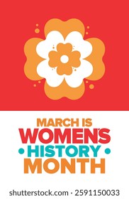 Women's History Month. Celebrated annual in March, to mark women’s contribution to history. Female symbol. Women's rights. Girl power in world. Poster, postcard, banner. Vector illustration