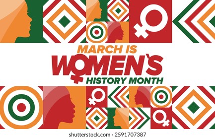 Women's History Month. Celebrated annual in March, to mark women’s contribution to history. Female symbol. Women's rights. Girl power in world. Poster, postcard, banner. Vector illustration